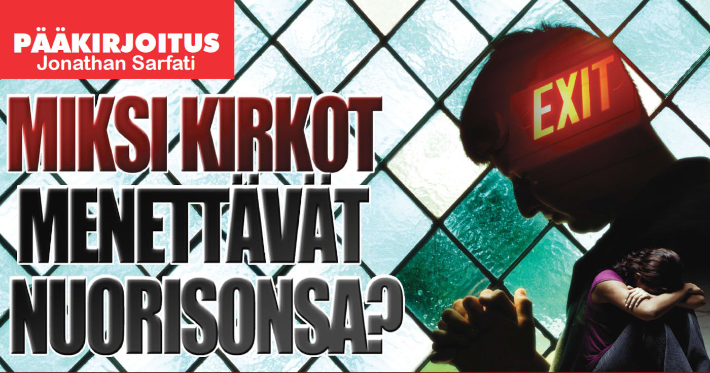 Etualalla vasemmalla otsikko 'Miksi kirkot menettävät nuorisonsa?' Oikealla rukoileva mies ja nainen käpertyneenä. Kuvayhdistelmä: ©IStockPhoto.com/THEPALMER, ©IStockPhoto.com/KStork, ©IStockPhoto.com/aldomurillo