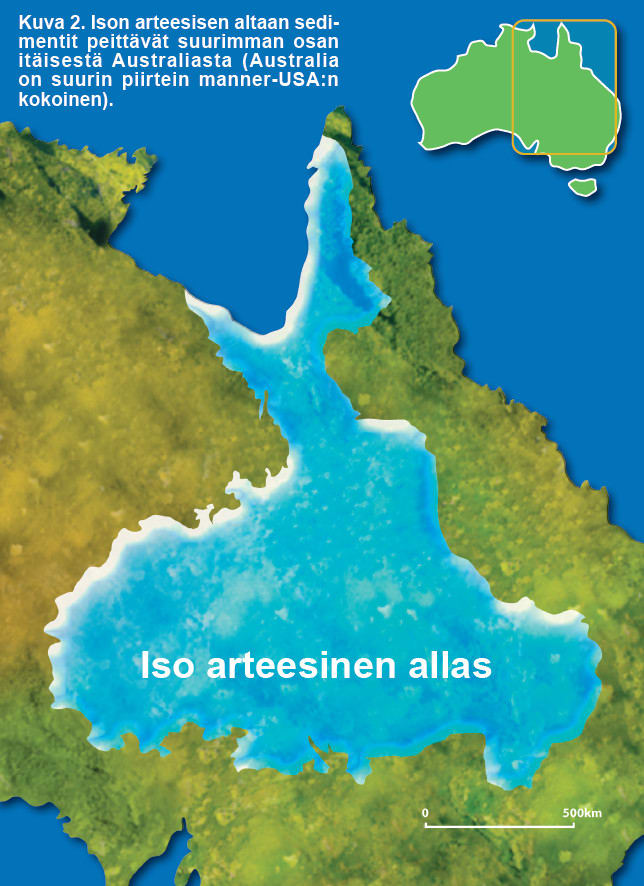 Kuva 2. Ison arteesisen altaan sedimentit peittävät suurimman osan itäisestä Australiasta (Australia on suurin piirtein manner-USA:n kokoinen). Kuva ©: creation.com