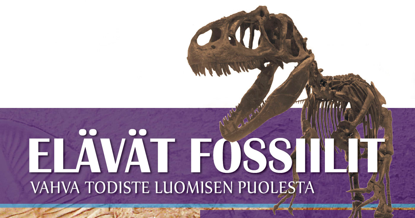 Oikealla dinosauruksen luuranko. Etualalla teksti Elävät fossiilit - vahva todiste luomisen puolesta. Kuva ©: iStockPhoto.com/breckeni