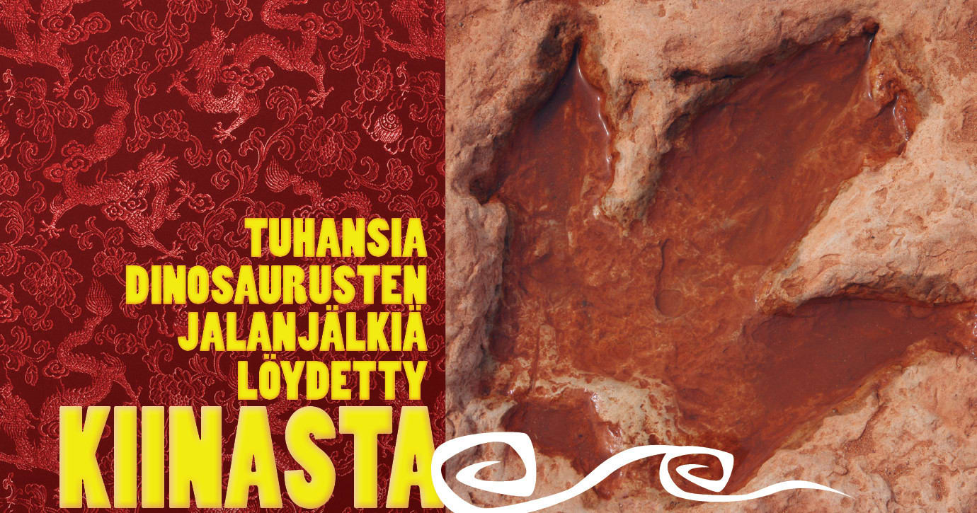 Vasemmalla kuvassa kangasta, oikealla dinosauruksen jalanjälki mudassa. Etualalla teksti 'Tuhansia dinosaurusten jalanjälkiä löydetty Kiinasta' Kuva ©: Fossiili: ©iStockPhoto.com/phototropic; Kangas: iStockPhoto.com/nicoolay