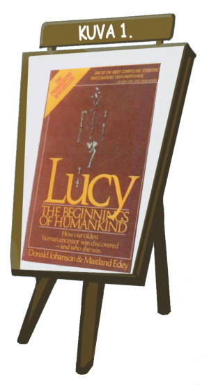 Kuvateline, jossa kansi kirjasta 'Lucy - The Beginnings of humankind, Donald Johanson & Maitland Edey'. Kuva ©: creation.com