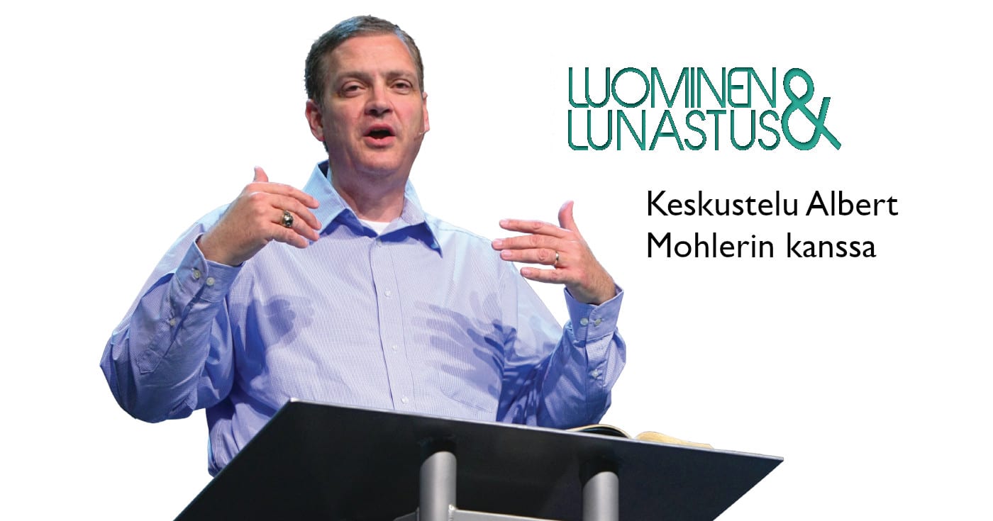 Vasemmalla Albert Mohler, oikealla teksti Luominen&Lunastus, Keskustelu Albert Mohlerin kanssa. Muokattu kuva ©: Lukas Van Dyke, creation.com