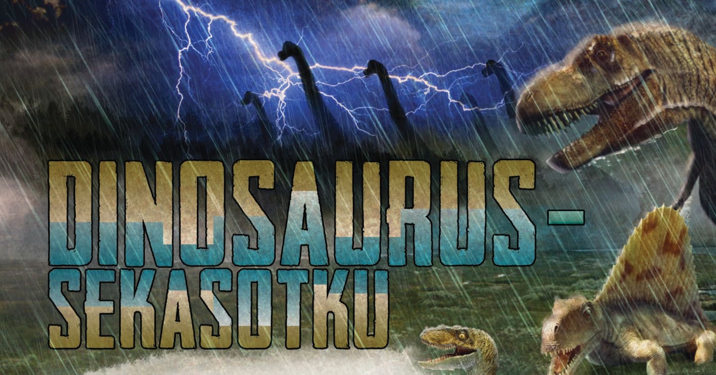 Etualalla otsikko 'Dinosaurusekasotku', taka-alalla dinosauruksia, salama ja sadetta. Yhdistelmäkuva ©: sxc.hu, iStockPhoto.com/Syldavia, iStockPhoto.com/nilky, iStockPhoto.com/Nature247 & T Newcombe