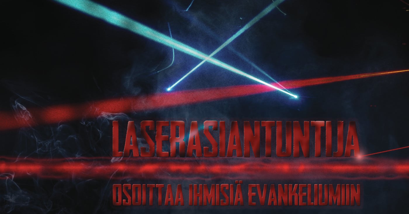 Lasersäteitä pimeässä ja hiukan savuisessa huoneessa. Alaosassa otsikkoteksti 'Laserasiantuntija osoittaa ihmisiä evankeliumiin'. Kuva ©: Jeff Keyzer