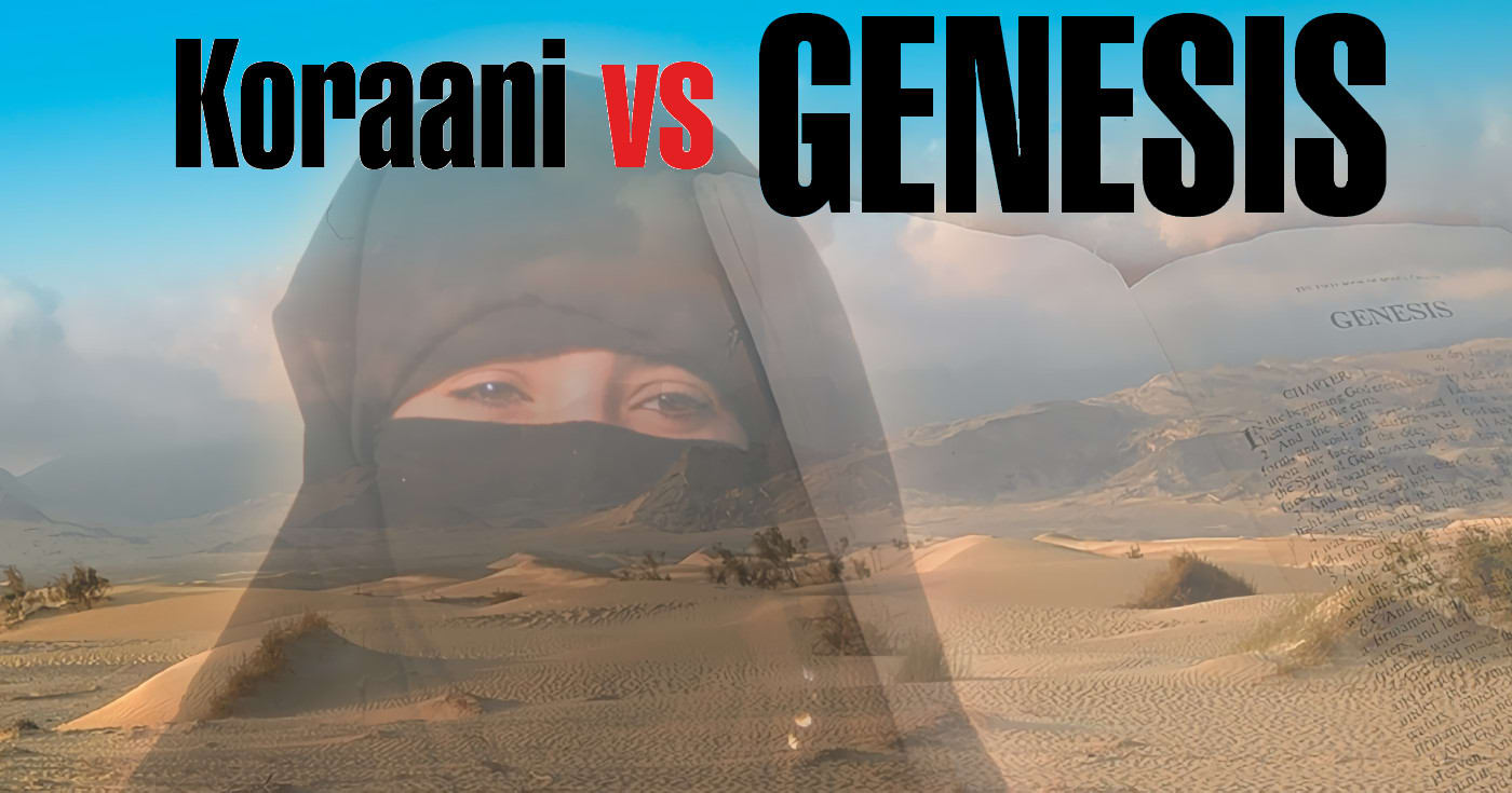 Etualalla otsikko 'Koraani vs Genesis, taka-alalla aavikkoa ja osittain häivytetty huivitetun naisen kasvot. ©: creation.com