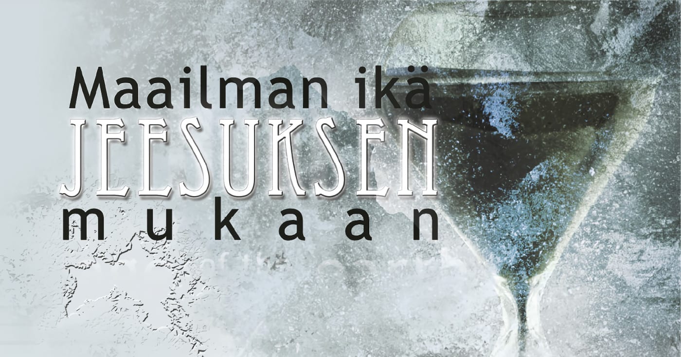 Etualalla otsikko 'Maailman ikä Jeesuksen mukaan', taustalla tiimalasi ja ikäänkuin jääkiteitä. Kuva ©: creation.com