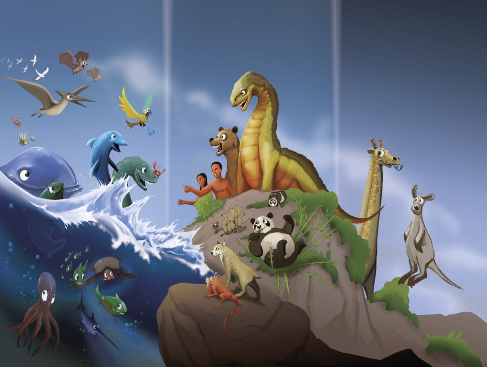 Luomisen 5. ja 6. päivän luotuja eläimiä (mm. valas, lintuja, delfiini, lintuja, dinosaurus, kirahvi, kenguru) ja luodut ihmiset. Kuva ©: creation.com