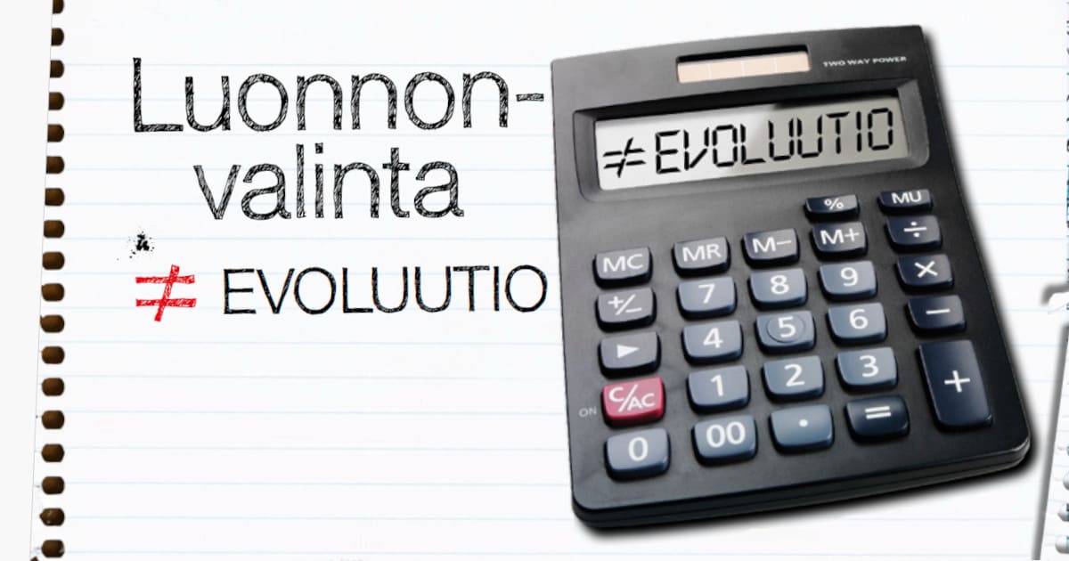 Otsikko 'Luonnonvalinta ≠ evoluutio'. Oikealla nelilaskin, taustalla kierrevihkon sivu. Laskin ©: iStockPhoto.com/Ben Hung, Ruutupaperi ©: sxc.hu