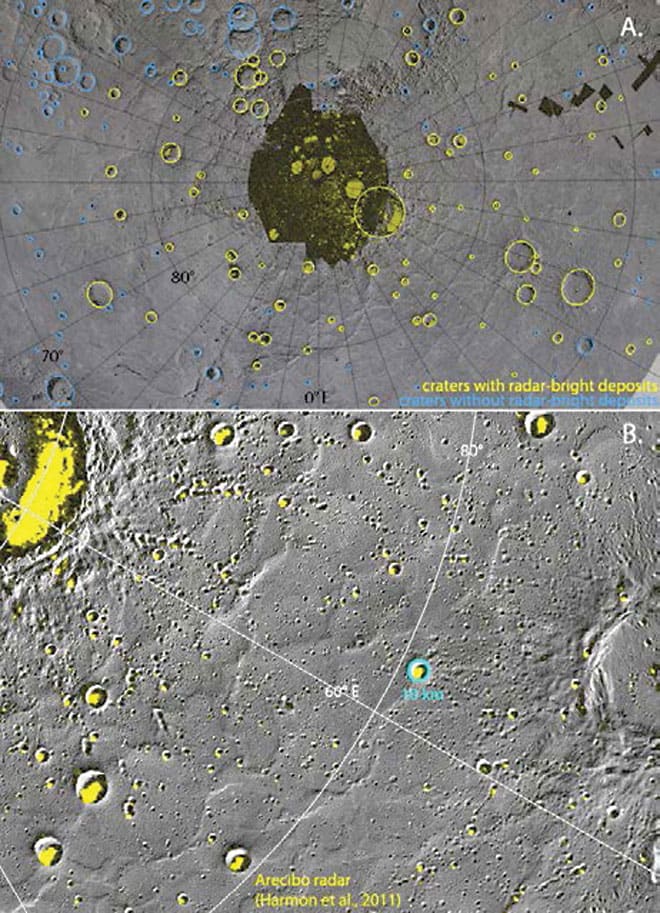 Merkuriuksen pinnan kraatterien jäävarastoja merkattu keltaisilla ja sinisillä ympyröillä. Kuva ©: Chabot, N.L. et al., Craters hosting radarbright deposits in Mercury’s north polar region, 43rd LPSC, 2012