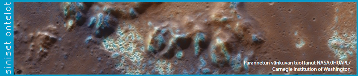 Merkuriuksen pinnalla sinisiä onteloita. Parannetun värikuvan tuottanut ©: NASA/JHUAPL/Carnegie Institution of Washington.
