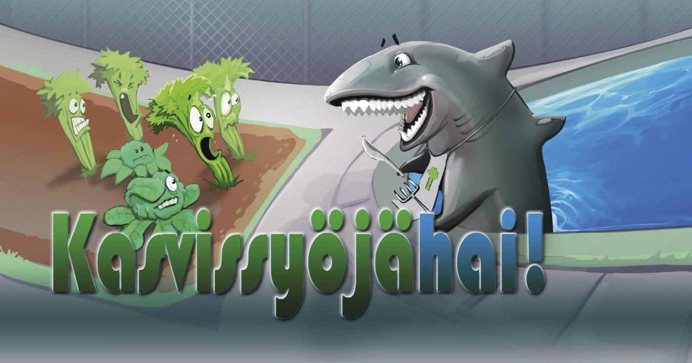 Etualalla otsikko 'Kasvissyöjähai!', taka-alalla piirros haista, joka katsoo haarukka ja veitsi kädessä kasveja. Kuva ©: creation.com