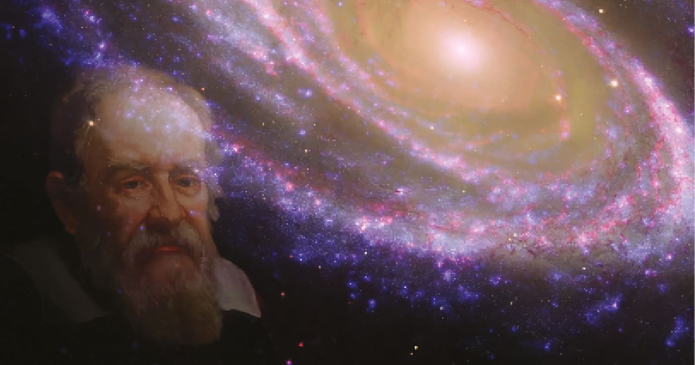 Galileo ja galaksi. Kuva ©: Galileo: Wikipedia; Galaksi: NASA/JPL-Caltech/ESA/Harvard-Smithsonian CfA