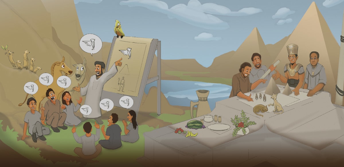Mies opettaa muille hieroglyfiä, ja farao katselee kolmen miehen kanssa pienoispyramidia. Kuva ©: creation.com