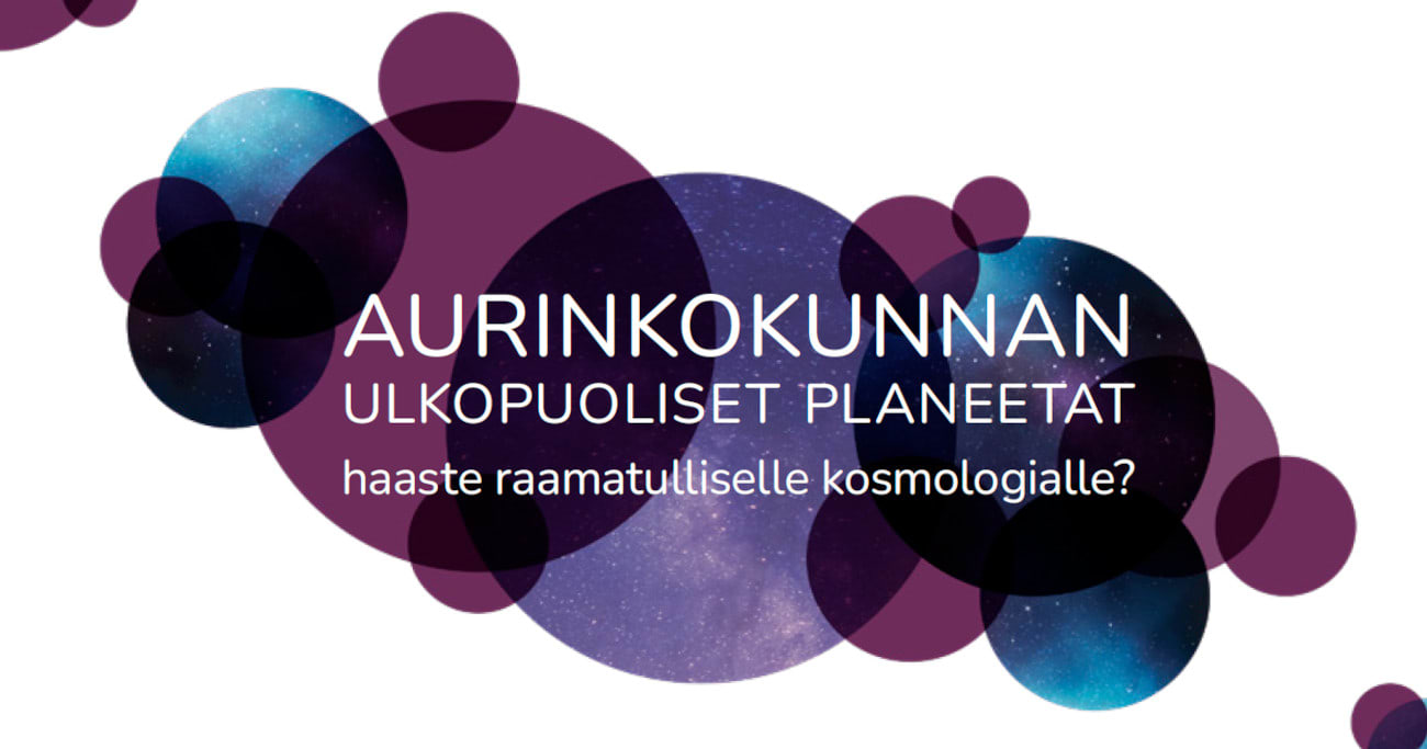 Etualalla otsikko 'Aurinkokunnan ulkopuoliset planeetat - haaste raamatulliselle kosmologialle?'. Taka-alalla ympyröitä, joissa osassa näkyvissä tähtiä. Kuva ©: creation.com
