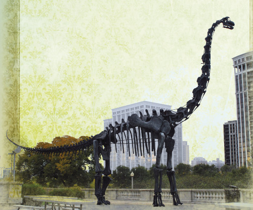 Brachiosauruksen pronssinen luuranko Chicagon luonnontieteellisen museon edessä. Kuva ©: Brachiosaurus CC-BY-SA: Scott Anselmo;