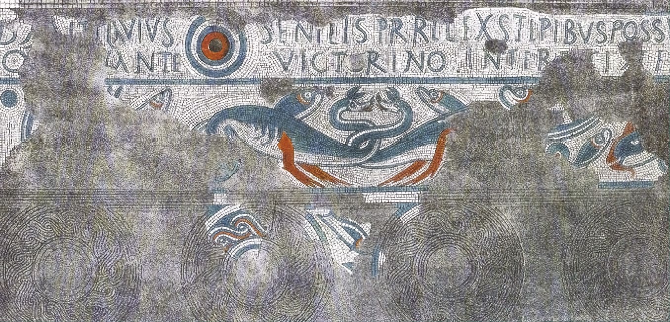 Lydneyssä (Gloucestershiressä, Englannissa) sijaitseva merihirviötä esittävä mosaiikki neljänneltä vuosisadalta.