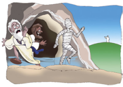 Lasarus tulee kääreisiin käärittyinä ulos hautaluolasta, Jeesus on kauempana taustalla. Kuva ©: creation.com
