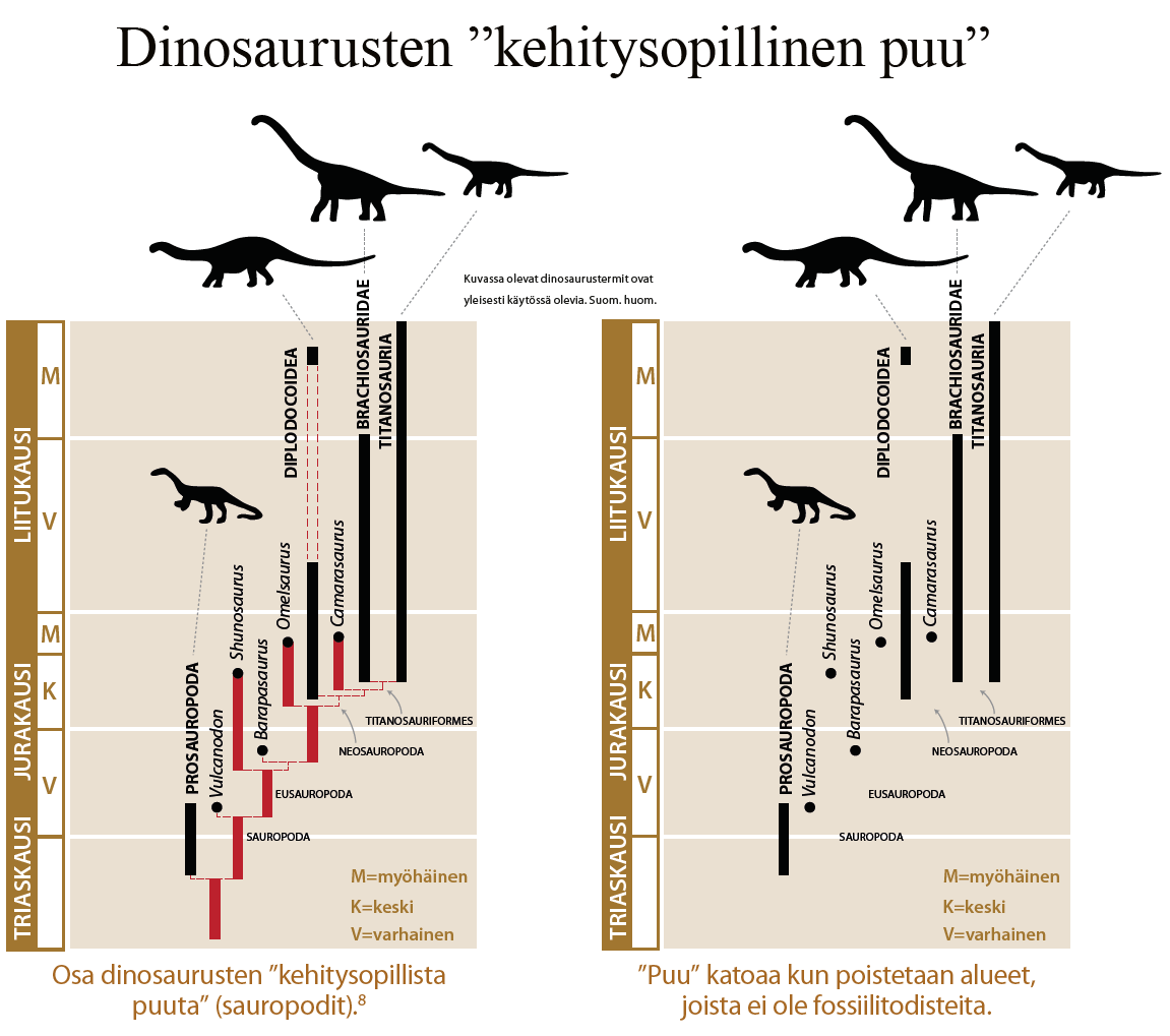 Osa dinosaurusten 'kehitysopillista puuta'. 'Puu' katoaa kun poistetaan alueet, joista ei ole fossiilitodisteita. Osa dinosaurusten 'kehitysopillista puuta'. 'Puu' katoaa kun poistetaan alueet, joista ei ole fossiilitodisteita.