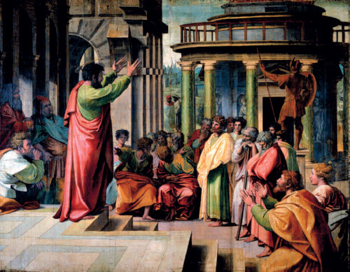 Paavali saarnaa Areiopagilla Ateenassa. Kuva ©: Raphaelin maalaus, 1515. Public domain.